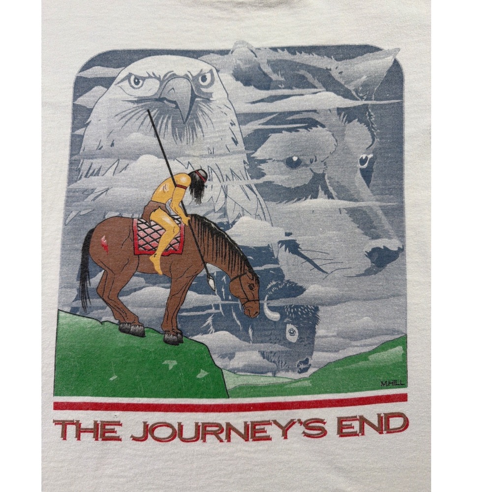 VTG 90s Journeys End Native American Buffalo Eagle Wolf Horse Tultex Shirt M USA